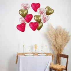 Badaboum 12 Ballons Coeurs Rouges Blanc Et Or Avec Confettis Coeurs Rouges