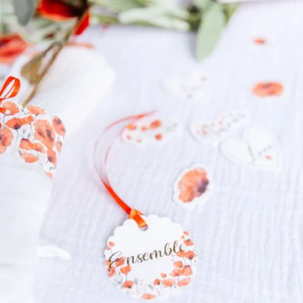 Badaboum 10 Etiquettes Coquelicots Avec Ruban Satin Rouge