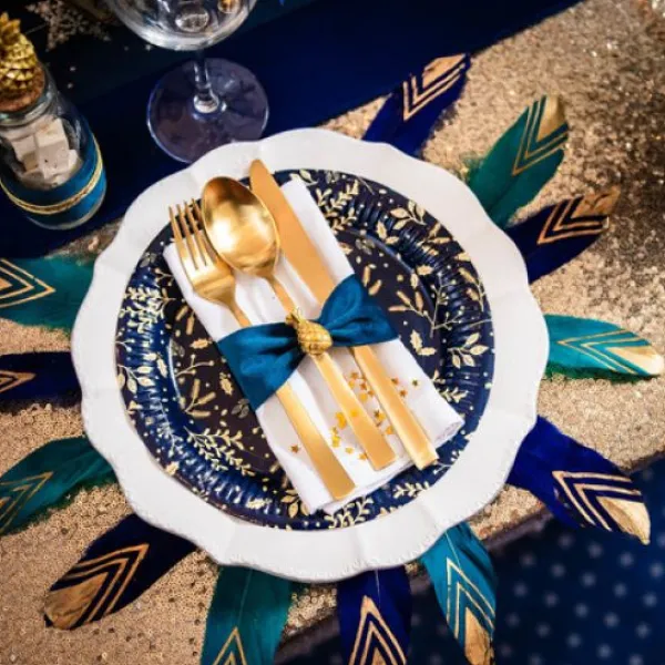 Badaboum 6 Plumes Ethniques Bleu Paon Or 18-20Cm