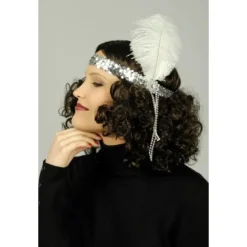 Badaboum Bandeau En Paillette Argent Avec Plume Blanche