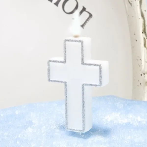 Hot Bougie Communion Croix Paillet Argent Theme Communion