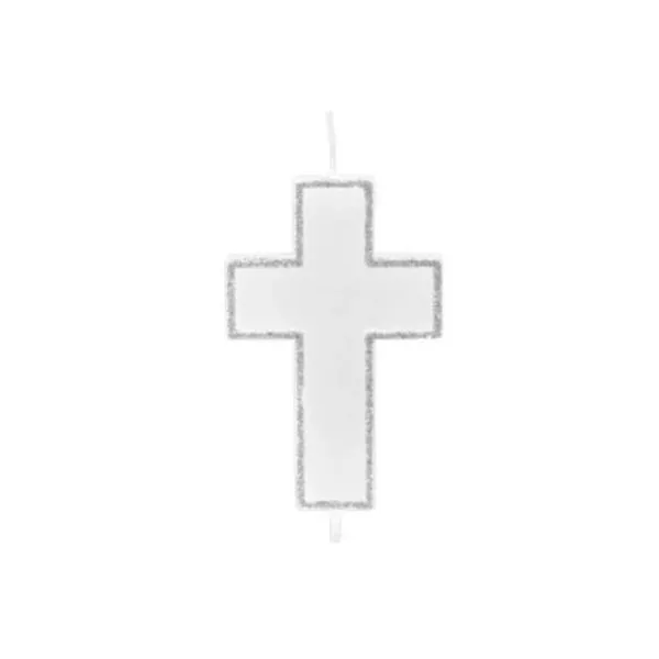 Hot Bougie Communion Croix Paillet Argent Theme Communion