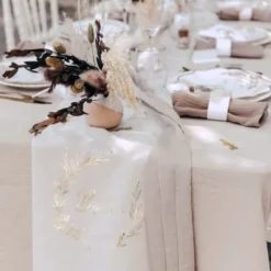 Clearance Chemin De Table Bapt Me Mousseline Blanc Liser Vegetal Or Theme Bapteme