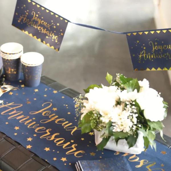 Discount Chemin De Table Joyeux Anniversaire Bleu Marine 28Cm X 3 M Tres Theme Joyeux Anniversaire
