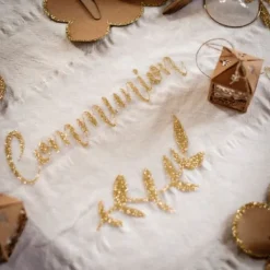 Clearance Chemin De Table Organza Communion Paillettes Or Theme Communion