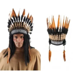 Badaboum Coiffe Indienne Poils Noirs Plumes Marrons