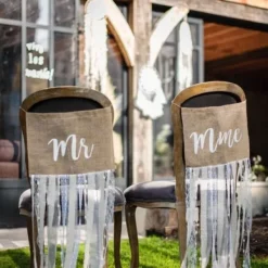 Clearance Dos De Chaise Mr Mme En Jute Et Frange Dentelle X 2 Pi Ces Theme Dentelle