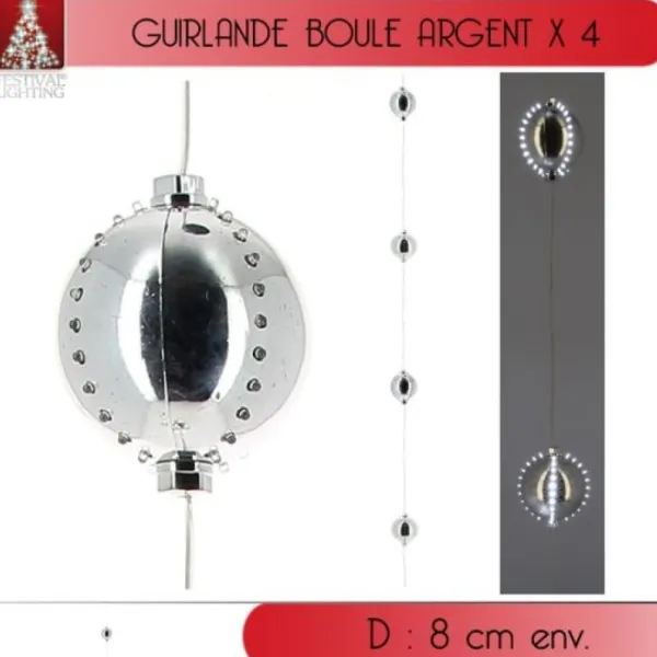 Badaboum Guirlande Lumineuse 4 Boules Argent 44 Led Blanc New