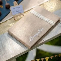 New Livre D'Or En Toile De Jute Avec Dentelle Ivoire 32 Pages Theme Dentelle