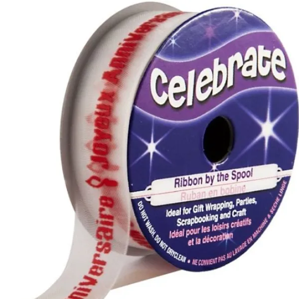 Sale Ruban En Bobine Organza Blanc Imprim Rouge Joyeux Anniversaire Theme Joyeux Anniversaire