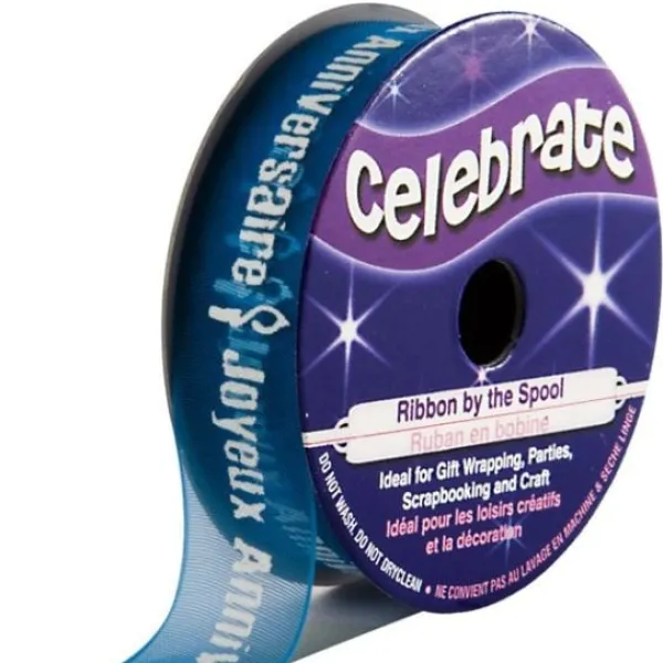 Ruban En Bobine Organza Bleu Imprim Blanc Joyeux Anniversaire Theme Joyeux Anniversaire