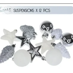 Badaboum Suspension Décoration Pour Sapin De Noel Blanc Et Argent X 12 Pi Ces New